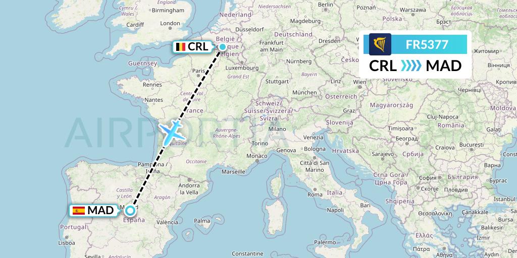 FR5377 Ryanair Flight Map: Brussels to Madrid
