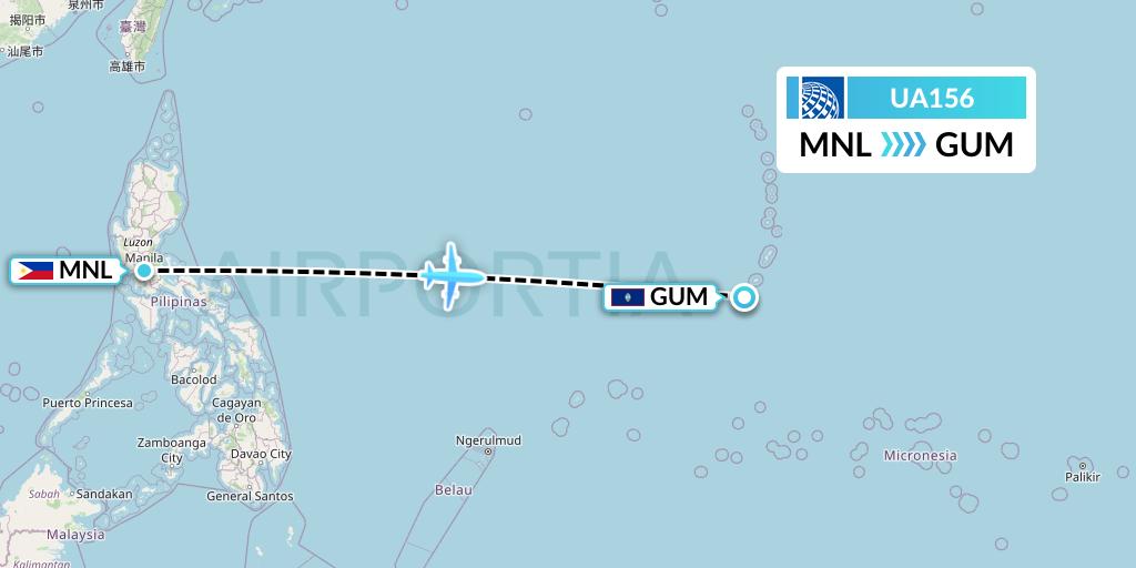 UA156 United Airlines Flight Map: Manila to Guam