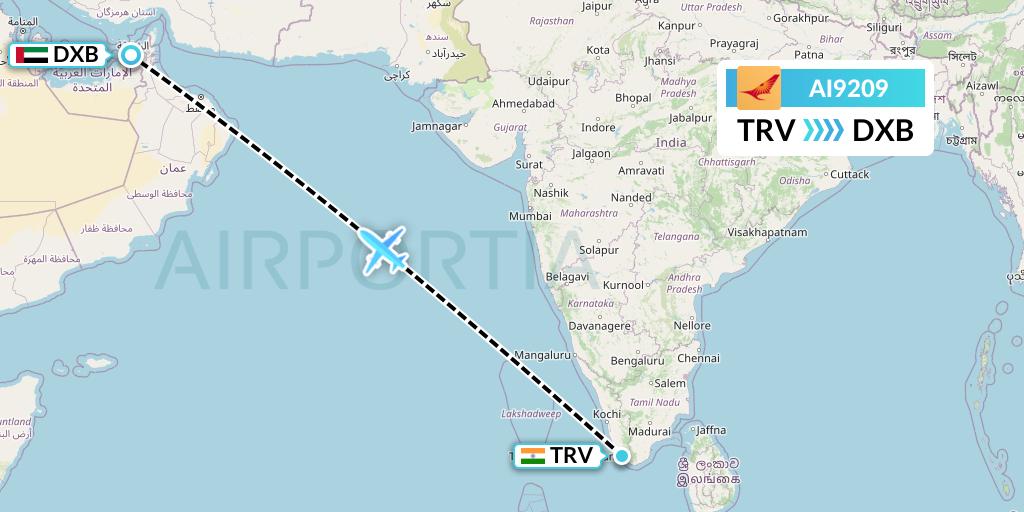 AI9209 Air India Flight Map: Thiruvananthapuram to Dubai