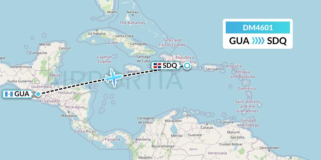 DM4601 Arajet Flight Map: Guatemala City to Santo Domingo