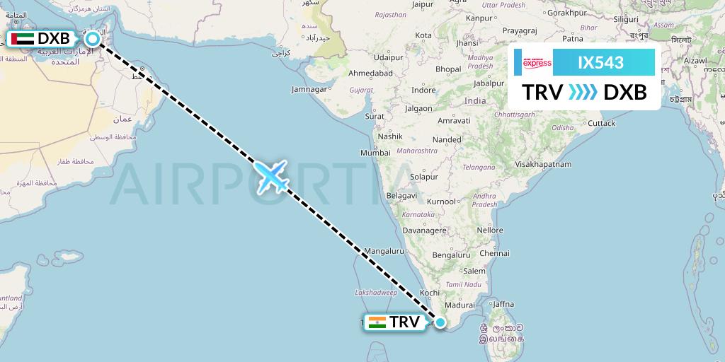 IX543 Air India Express Flight Map: Thiruvananthapuram to Dubai
