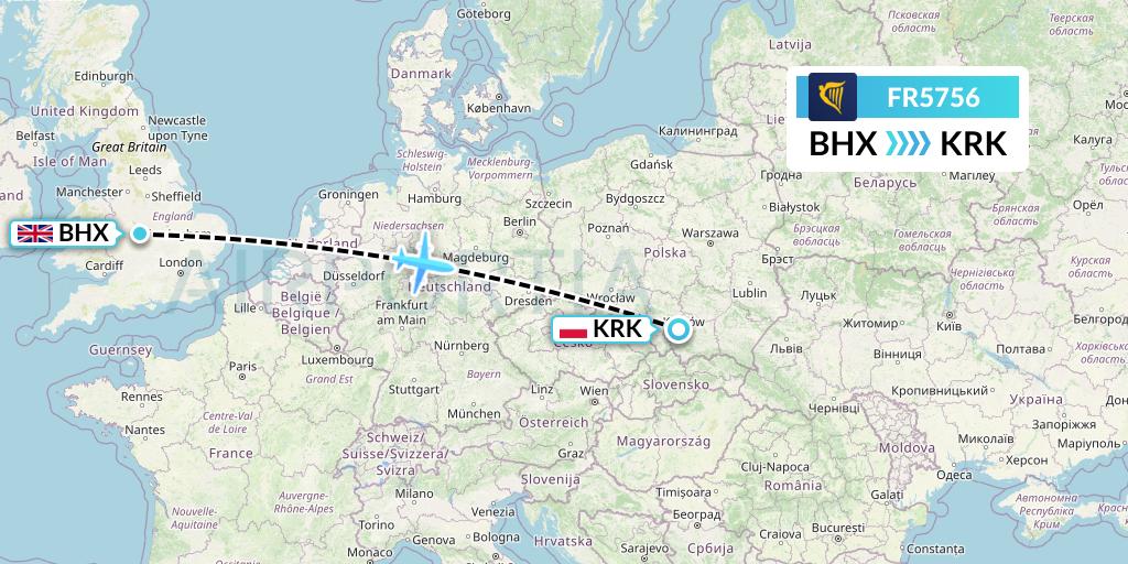 FR5756 Ryanair Flight Map: Birmingham to Krakow
