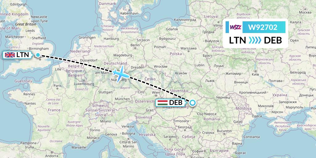 W92702 Wizz Air UK Flight Map: London to Debrecen