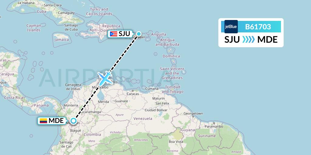 B61703 JetBlue Airways Flight Map: San Juan to Medellin