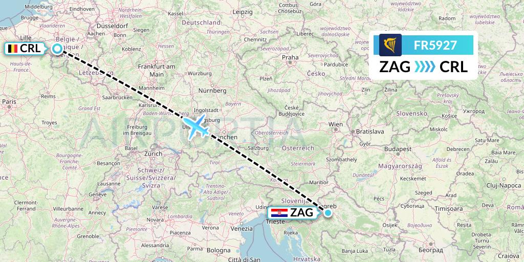 FR5927 Ryanair Flight Map: Zagreb to Brussels