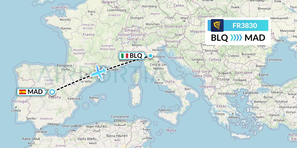 FR3830 Ryanair Flight Map: Bologna to Madrid