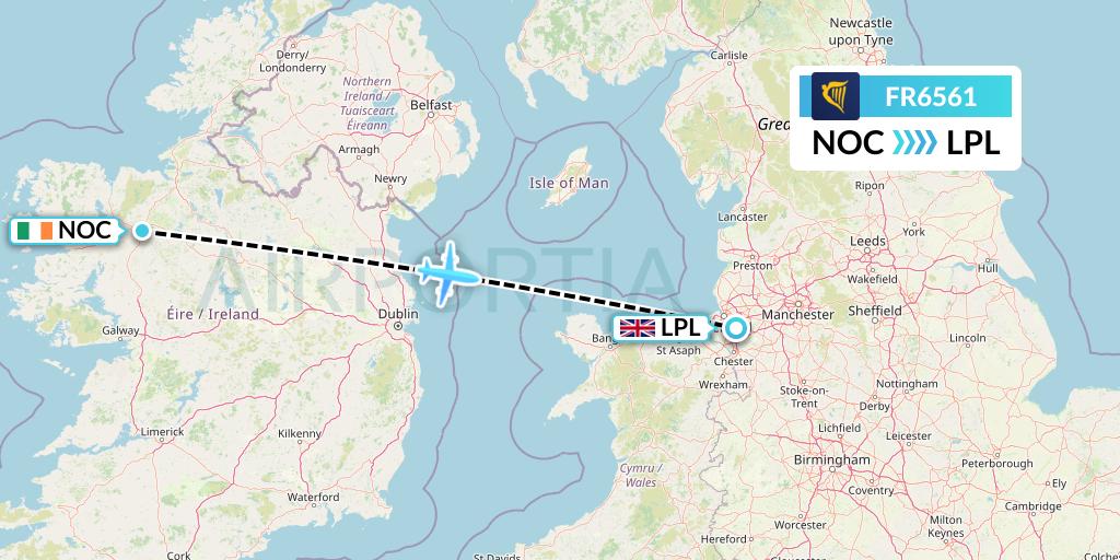 FR6561 Ryanair Flight Map: Knock to Liverpool
