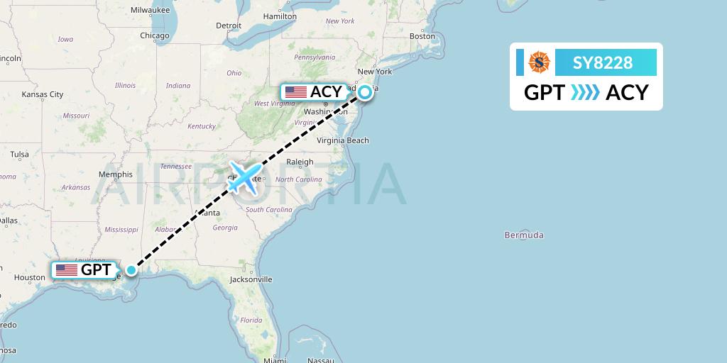 SY8228 Sun Country Airlines Flight Map: Gulfport to Atlantic City