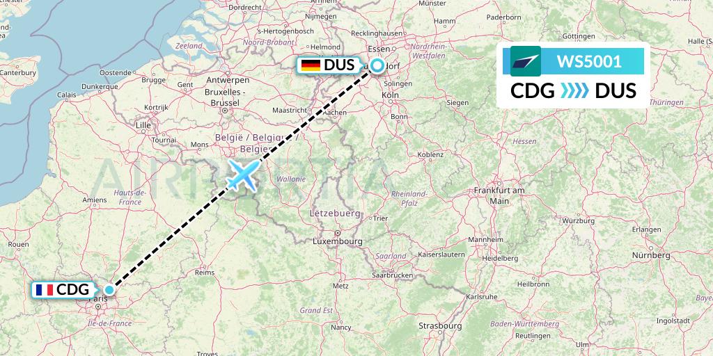 WS5001 WestJet Flight Map: Paris to Dusseldorf