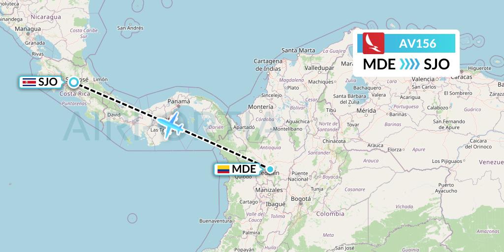 AV156 Avianca Flight Map: Medellin to San Jose