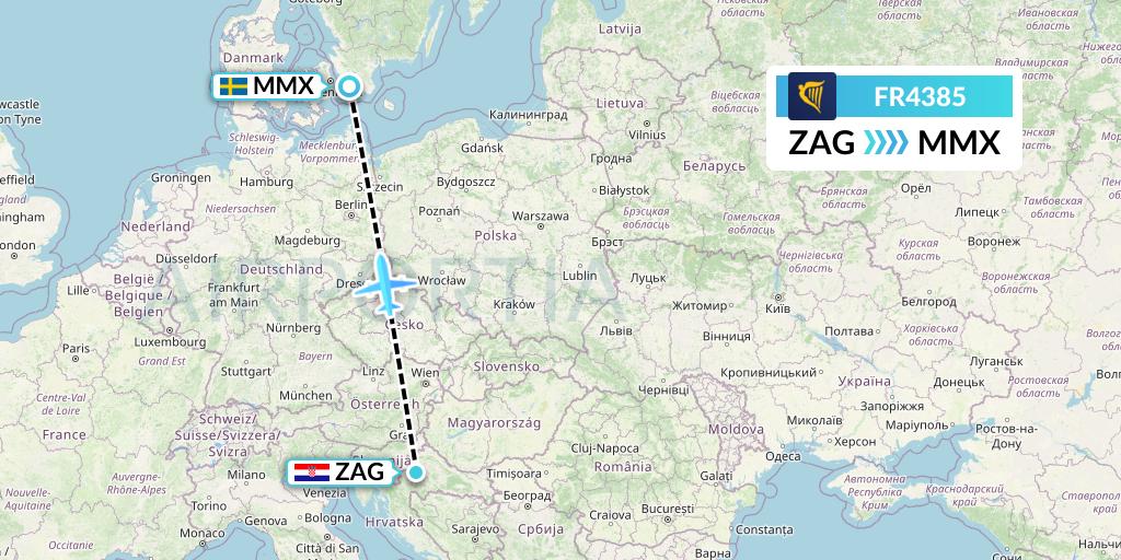 FR4385 Ryanair Flight Map: Zagreb to Malmo