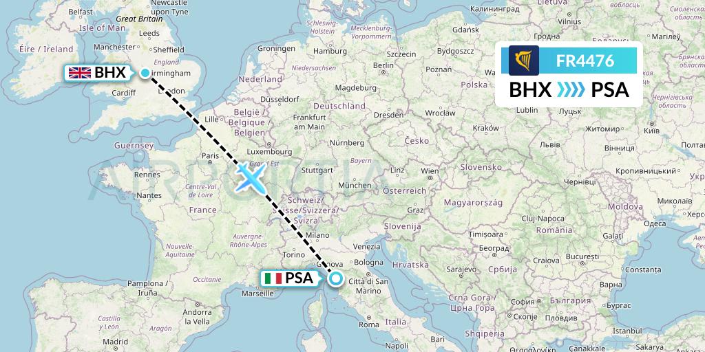 FR4476 Ryanair Flight Map: Birmingham to Pisa