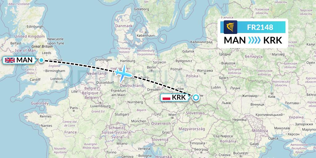 FR2148 Ryanair Flight Map: Manchester to Krakow