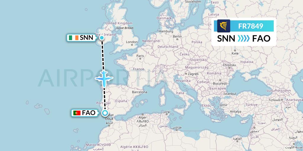 FR7849 Ryanair Flight Map: Shannon to Faro