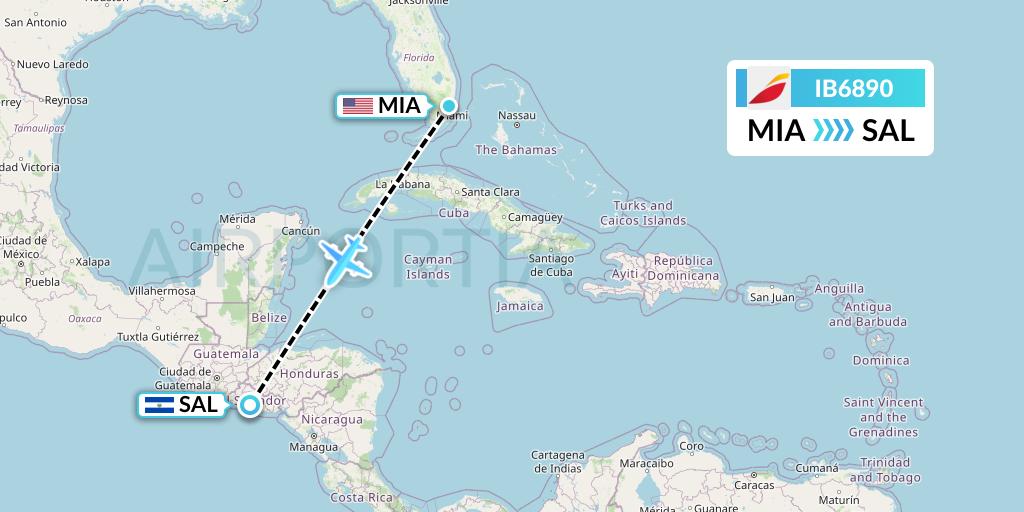 IB6890 Iberia Flight Map: Miami to San Salvador