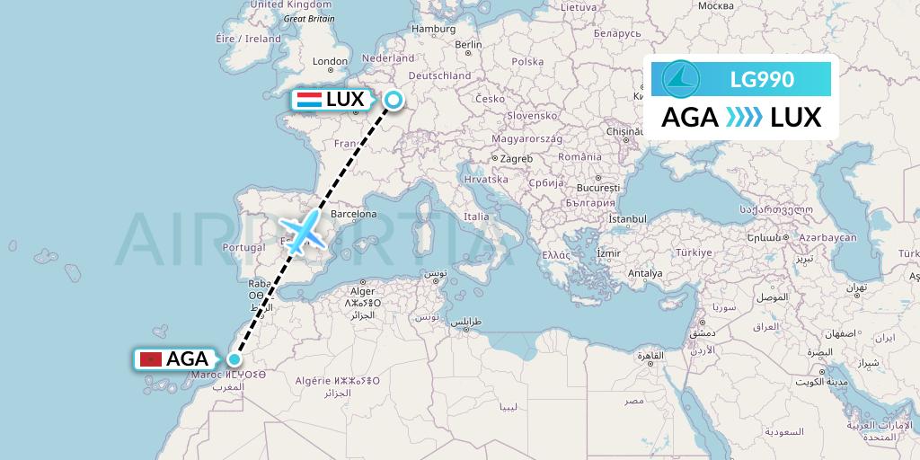 LG990 Luxair Flight Map: Agadir to Luxembourg