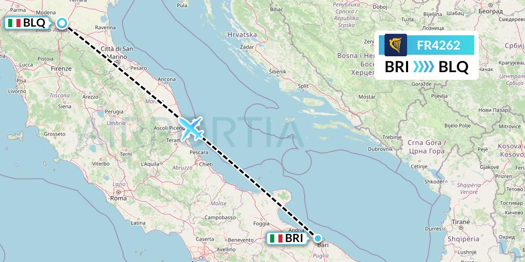 FR4262 Ryanair Flight Map: Bari to Bologna
