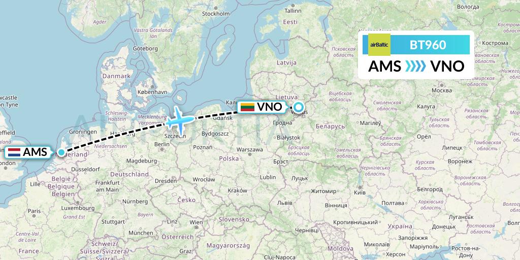 BT960 Air Baltic Flight Map: Amsterdam to Vilnius