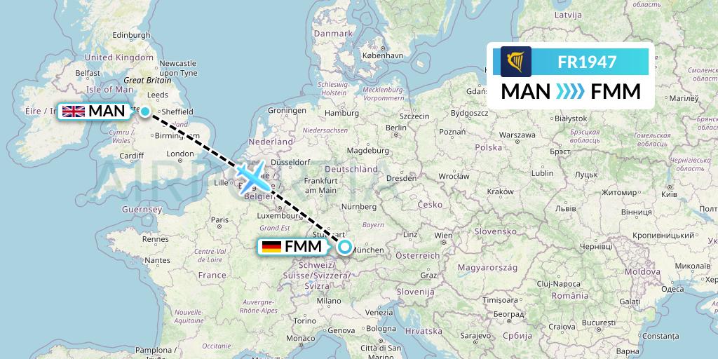 FR1947 Ryanair Flight Map: Manchester to Memmingen
