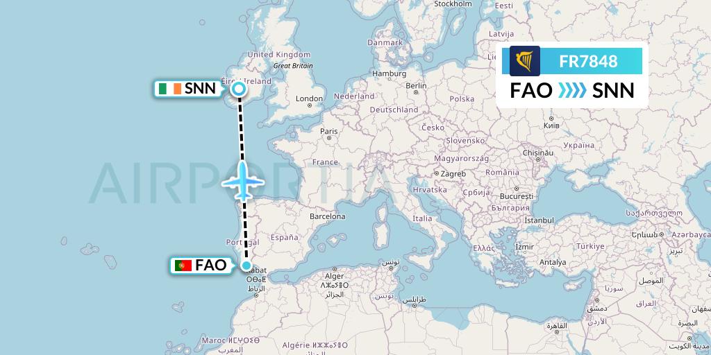 FR7848 Ryanair Flight Map: Faro to Shannon