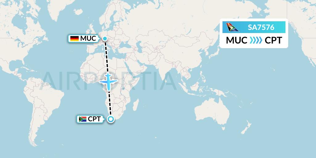 SA7576 South African Airways Flight Map: Munich to Cape Town