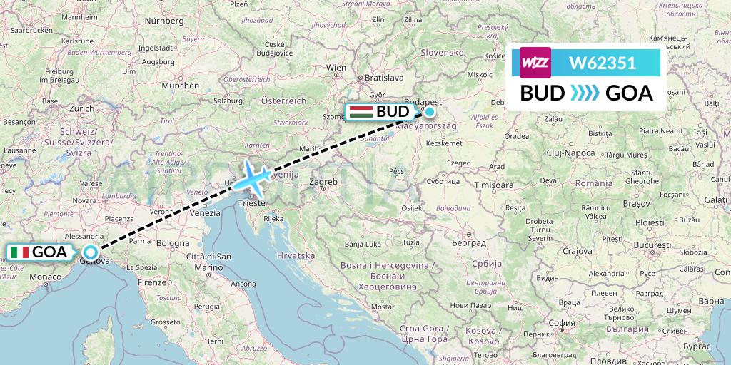 W62351 Wizz Air Flight Map: Budapest to Genoa
