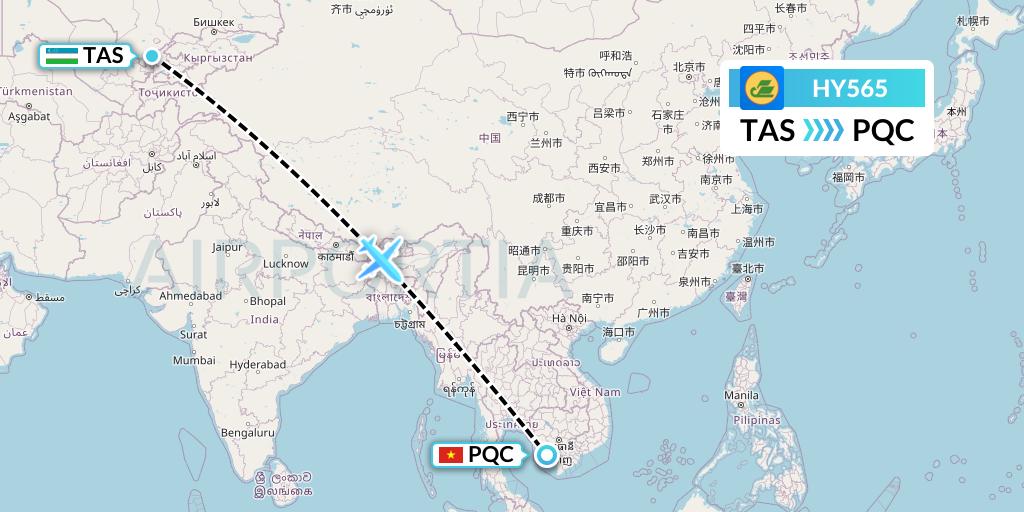 HY565 Uzbekistan Airways Flight Map: Tashkent to Phu Quoc