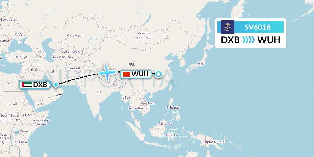 SV6018 Saudi Arabian Airlines Flight Map: Dubai to Wuhan