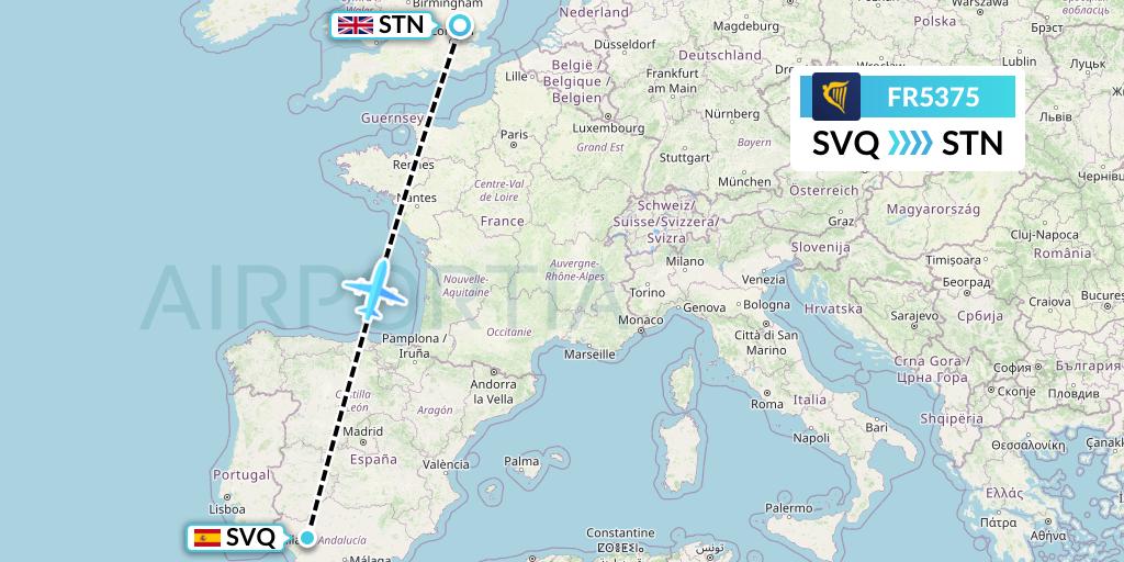 FR5375 Ryanair Flight Map: Seville to London