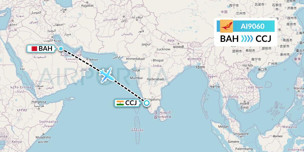 AI9060 Air India Flight Map: Bahrain to Kozhikode