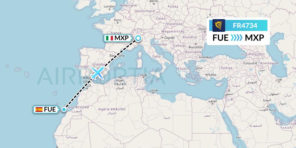FR4734 Ryanair Flight Map: Fuerteventura to Milan