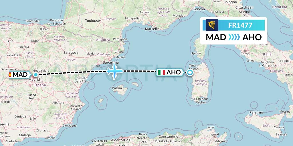 FR1477 Ryanair Flight Map: Madrid to Alghero