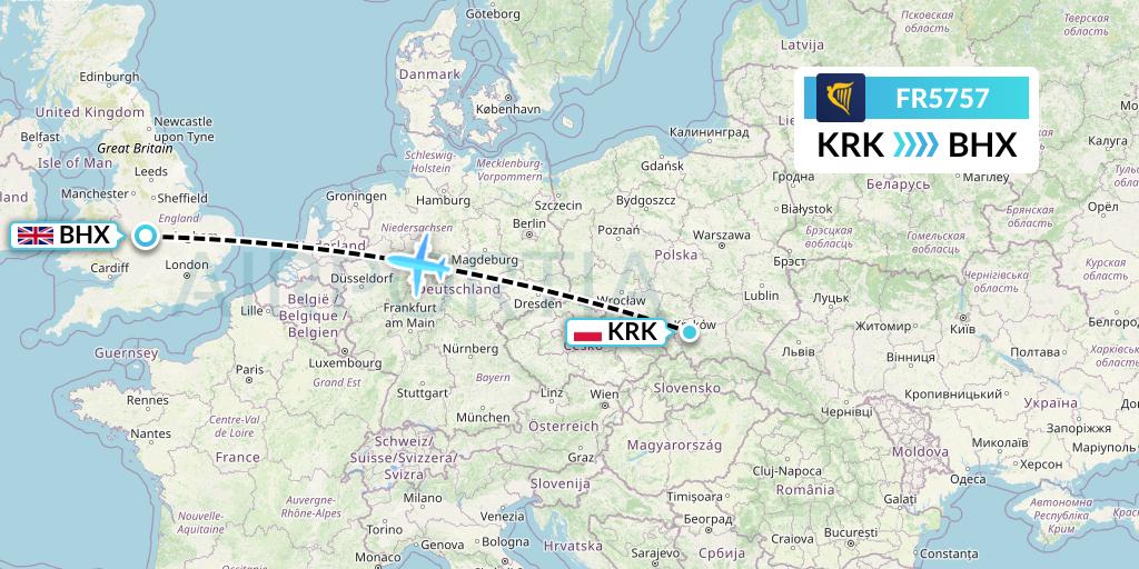 FR5757 Ryanair Flight Map: Krakow to Birmingham