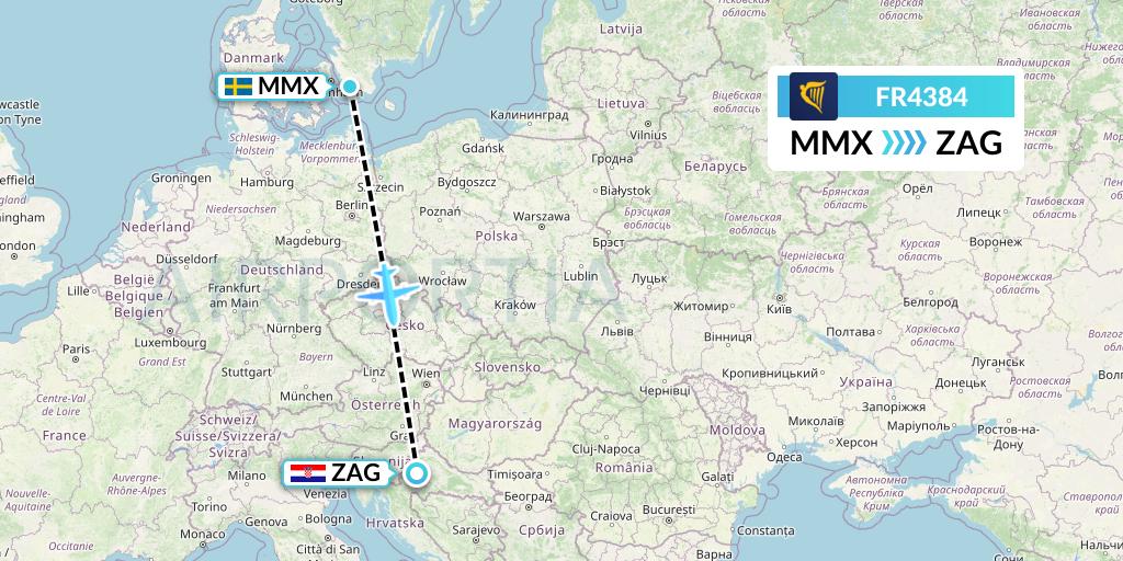 FR4384 Ryanair Flight Map: Malmo to Zagreb