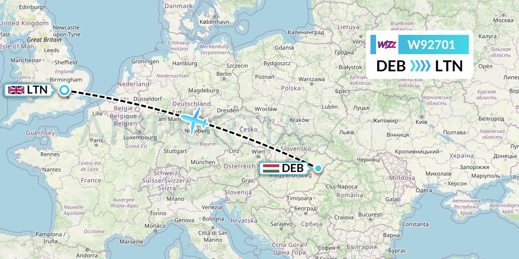 W92701 Wizz Air UK Flight Map: Debrecen to London