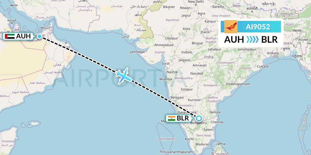 AI9052 Air India Flight Map: Abu Dhabi to Bangalore