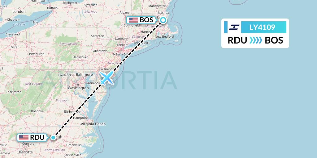 LY4109 El Al Flight Map: Raleigh-Durham to Boston