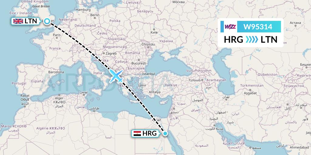 W95314 Wizz Air UK Flight Map: Hurghada to London