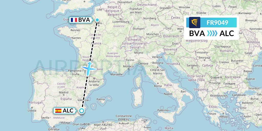 FR9049 Ryanair Flight Map: Paris to Alicante