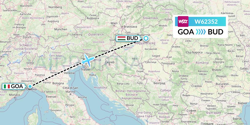 W62352 Wizz Air Flight Map: Genoa to Budapest
