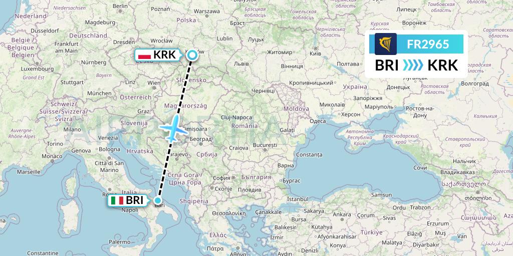 FR2965 Ryanair Flight Map: Bari to Krakow