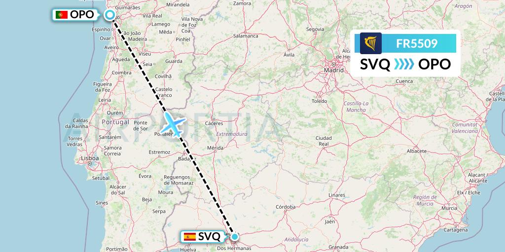 FR5509 Ryanair Flight Map: Seville to Porto