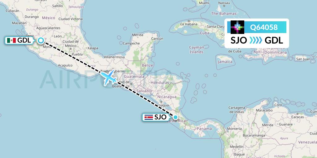 Q64058 Volaris Costa Rica Flight Map: San Jose to Guadalajara