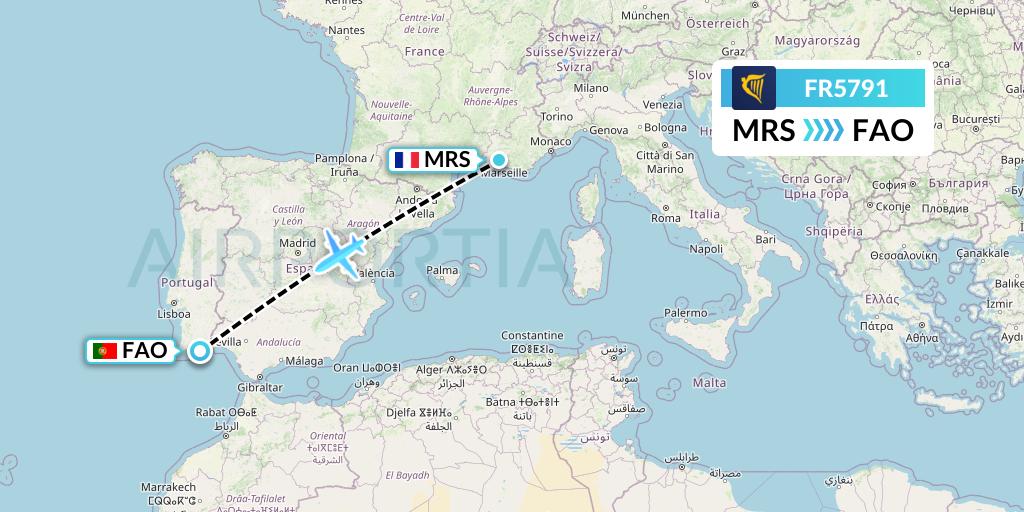 FR5791 Ryanair Flight Map: Marseille to Faro