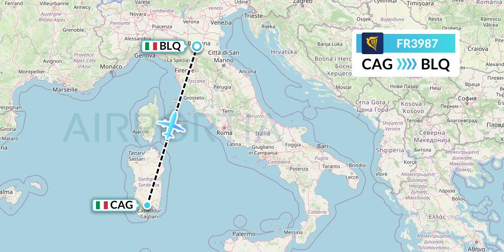 FR3987 Ryanair Flight Map: Cagliari to Bologna