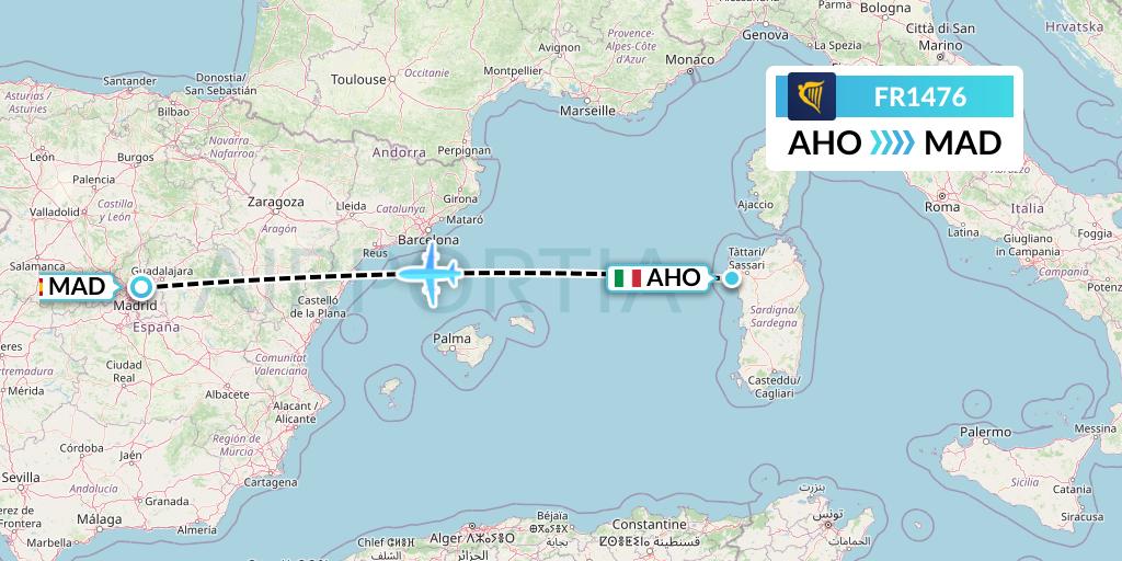 FR1476 Ryanair Flight Map: Alghero to Madrid