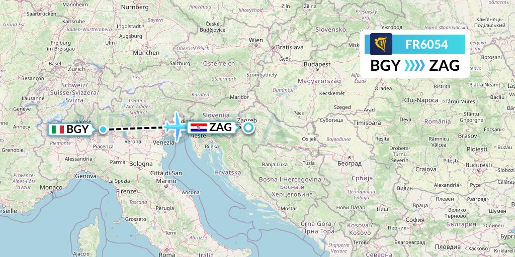 FR6054 Ryanair Flight Map: Milan to Zagreb