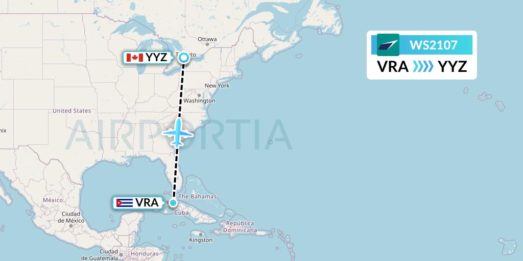 WS2107 WestJet Flight Map: Varadero to Toronto