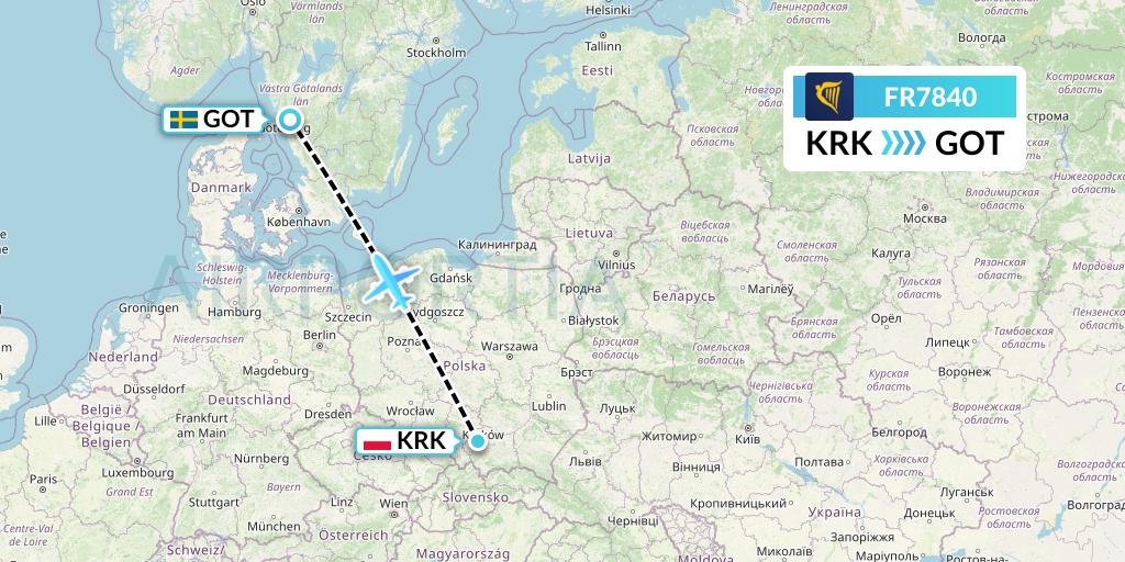 FR7840 Ryanair Flight Map: Krakow to Gothenburg