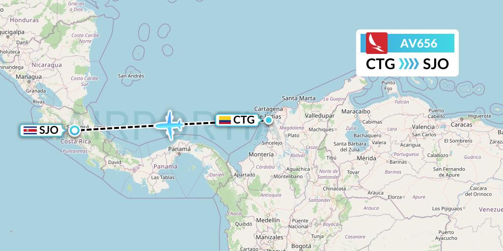 AV656 Avianca Flight Map: Cartagena to San Jose